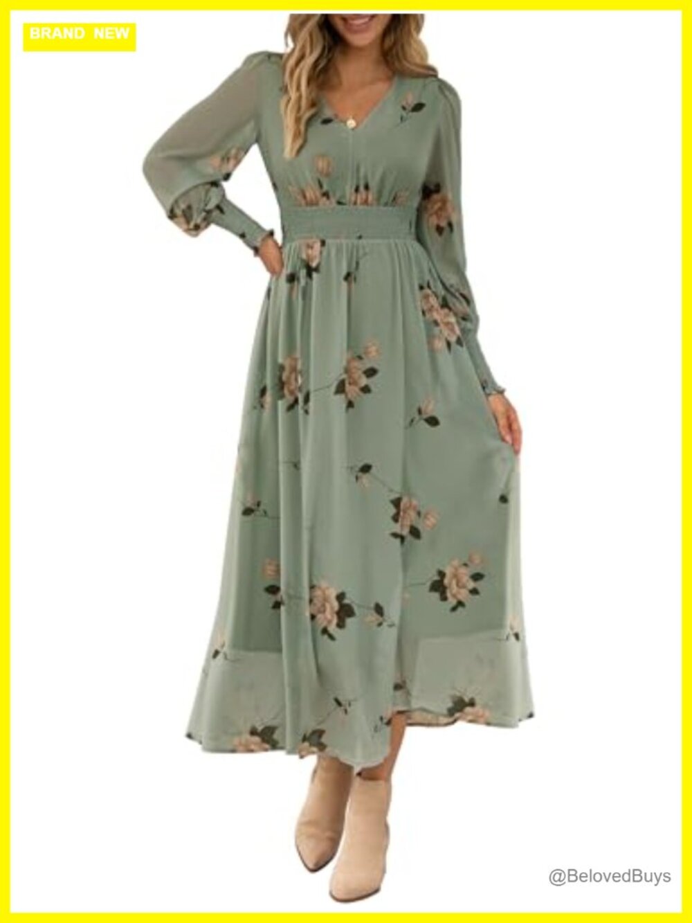 Women's Floral Maxi Dress V-Neck Bishop Sleeve High Waist A-Line Formal